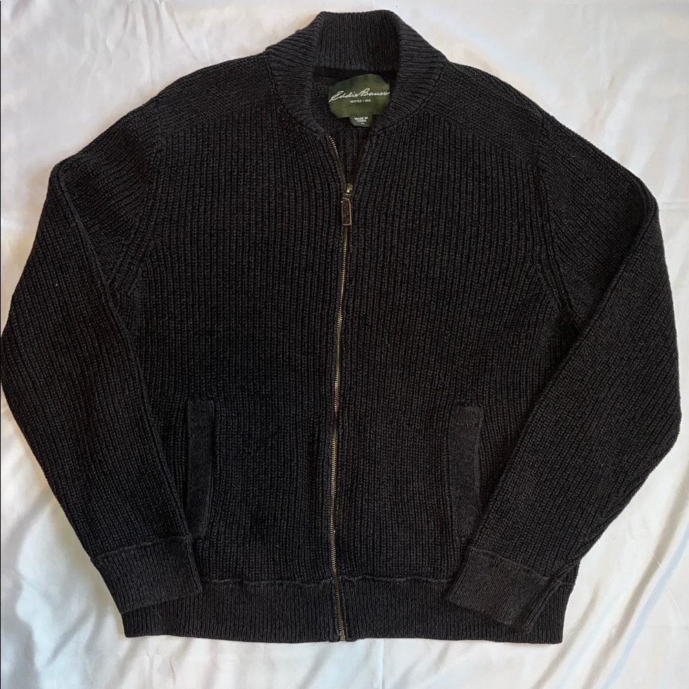 Eddie Bauer Dark Gray Men's Charcoal Zip-Up Sweater Hand Knit Chunky XL Pockets